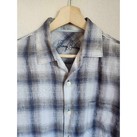Men's Tommy Bahama Gray Plaid Linen Short Sleeve Button Down Shirt- Size Large - Picture 3 of 8
